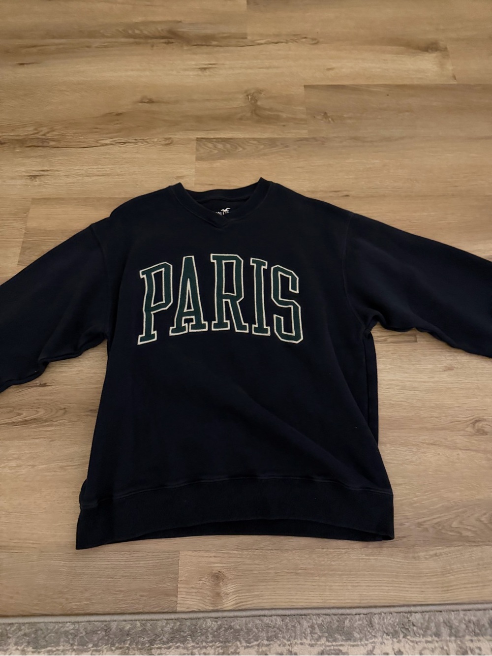 Hollister Navy Crewneck with 'PARIS' Green-Trim Applique